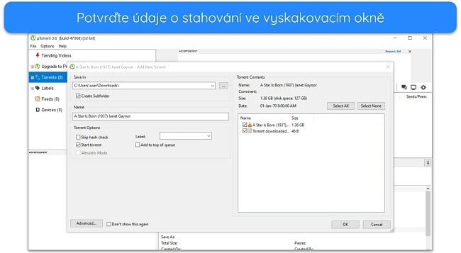 Snímek obrazovky vyskakovacího okna s podrobnostmi o stahování na uTorrent