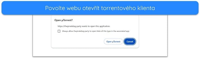 Snímek obrazovky s upozorněním na otevření klienta uTorrent