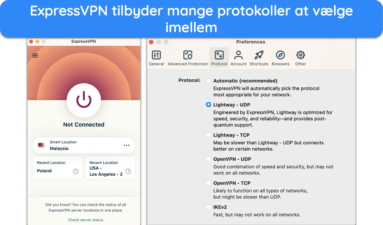 Skærmbillede af ExpressVPNs liste over protokoller.