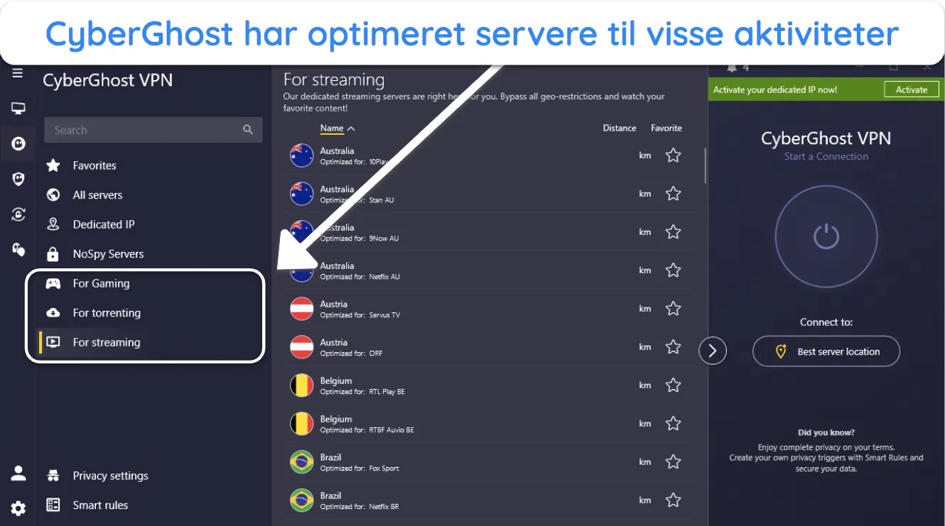 Skærmbillede af CyberGhosts optimerede servere.