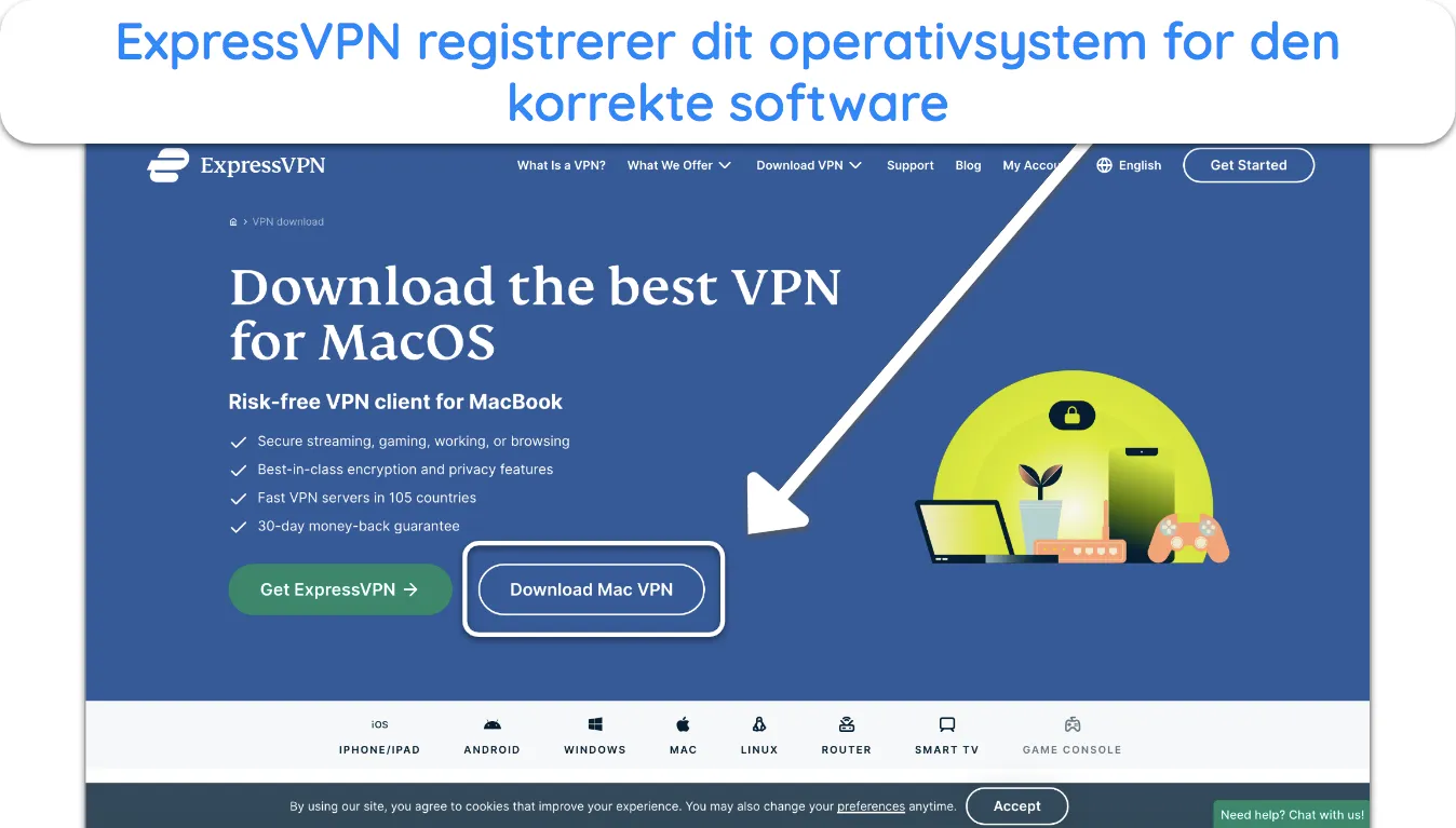 Skærmbillede af ExpressVPNs app-downloadside.