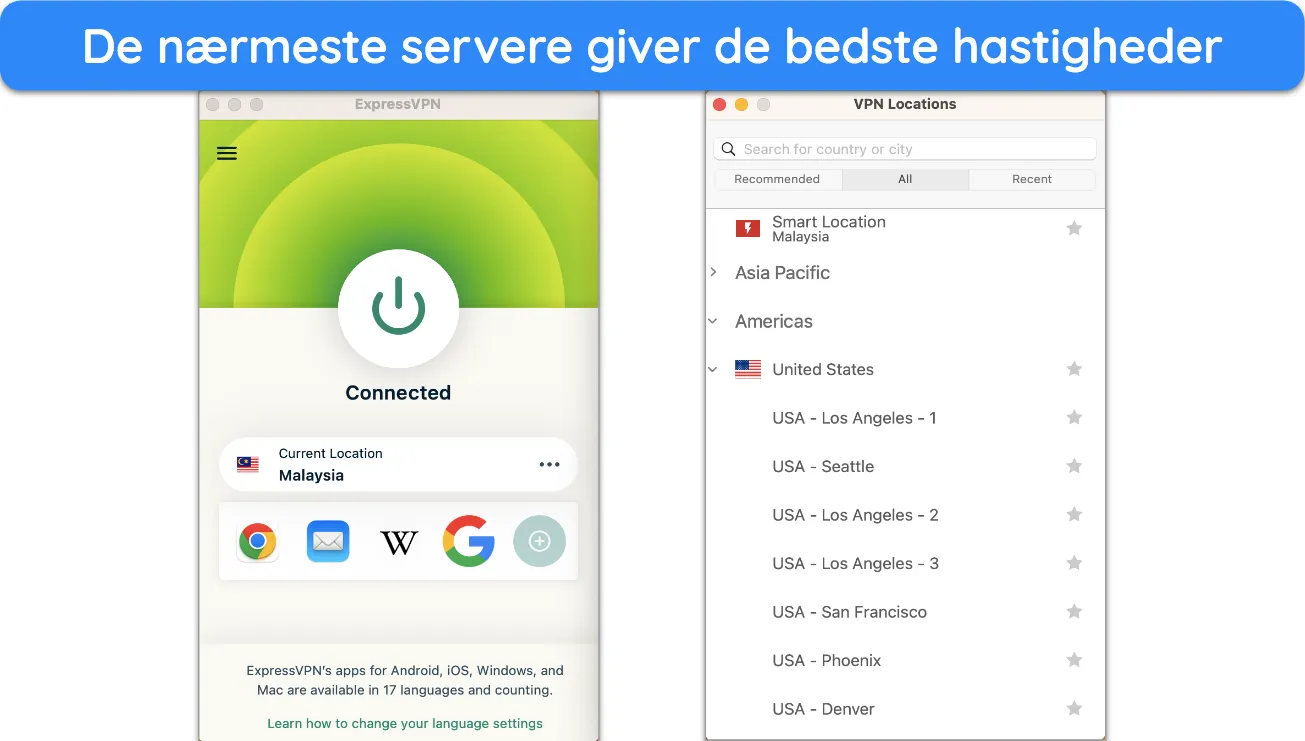 Skærmbillede af ExpressVPNs serverliste.