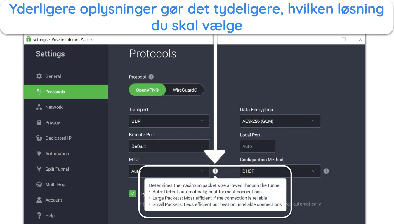 Skærmbillede af yderligere infoboks på PIA-appen, når du holder musen over et 'i'-ikon.