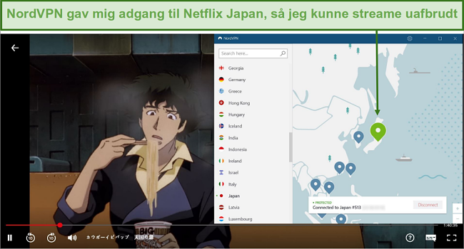 Screenshot of NordVPN unblocking Netflix Japan while playing Cowboy Bebop