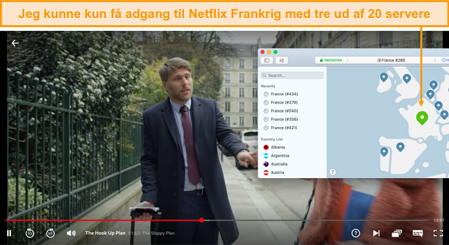 Skærmbillede af NordVPN, der fjerner blokering af Netflix Frankrig og streamer The Hook Up Plan