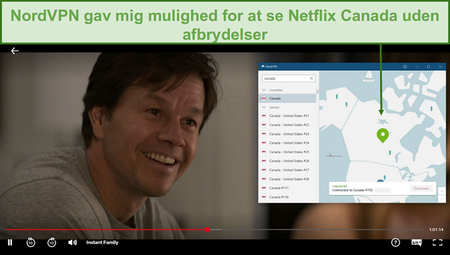 Skærmbillede af NordVPN, der fjerner blokering af Netflix Canada, mens du spiller Instant Family