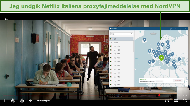 Skærmbillede af NordVPN, der fjerner blokering af Netflix Italien, mens du spiller Arrivano i Prof