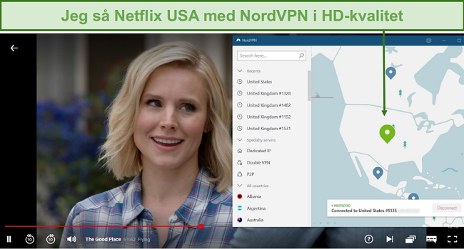 Skærmbillede af The Good Place-streaming på Netflix med NordVPN tilsluttet en amerikansk server