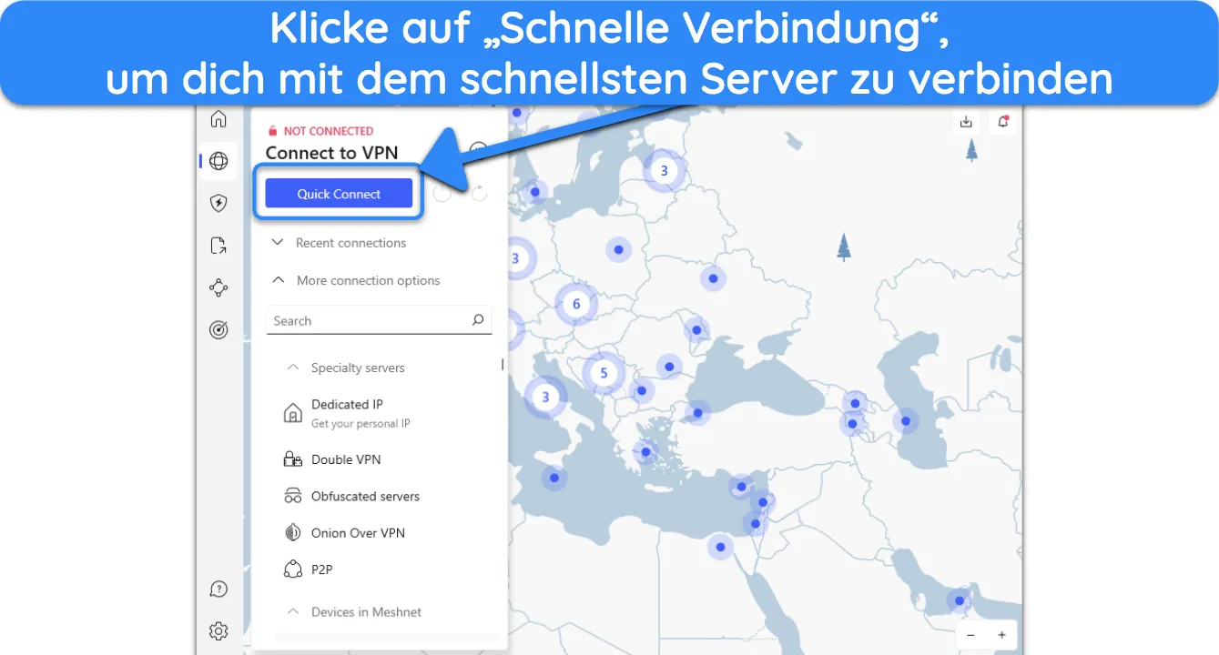 Screenshot der zeigt, wie man nach der Installation von NordVPN automatisch mit dem schnellsten Server in der Nähe verbunden wird.