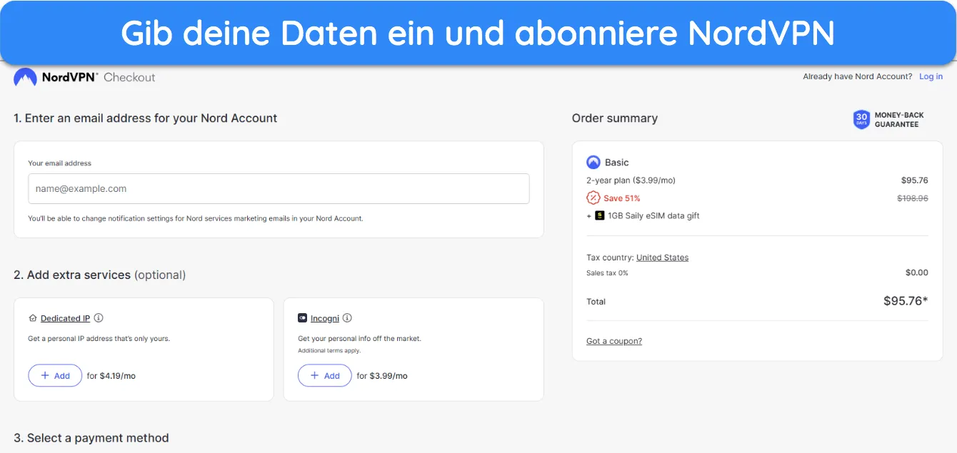 Screenshot, der zeigt, wie man NordVPN abonniert, nachdem man einen Plan ausgewählt hat.