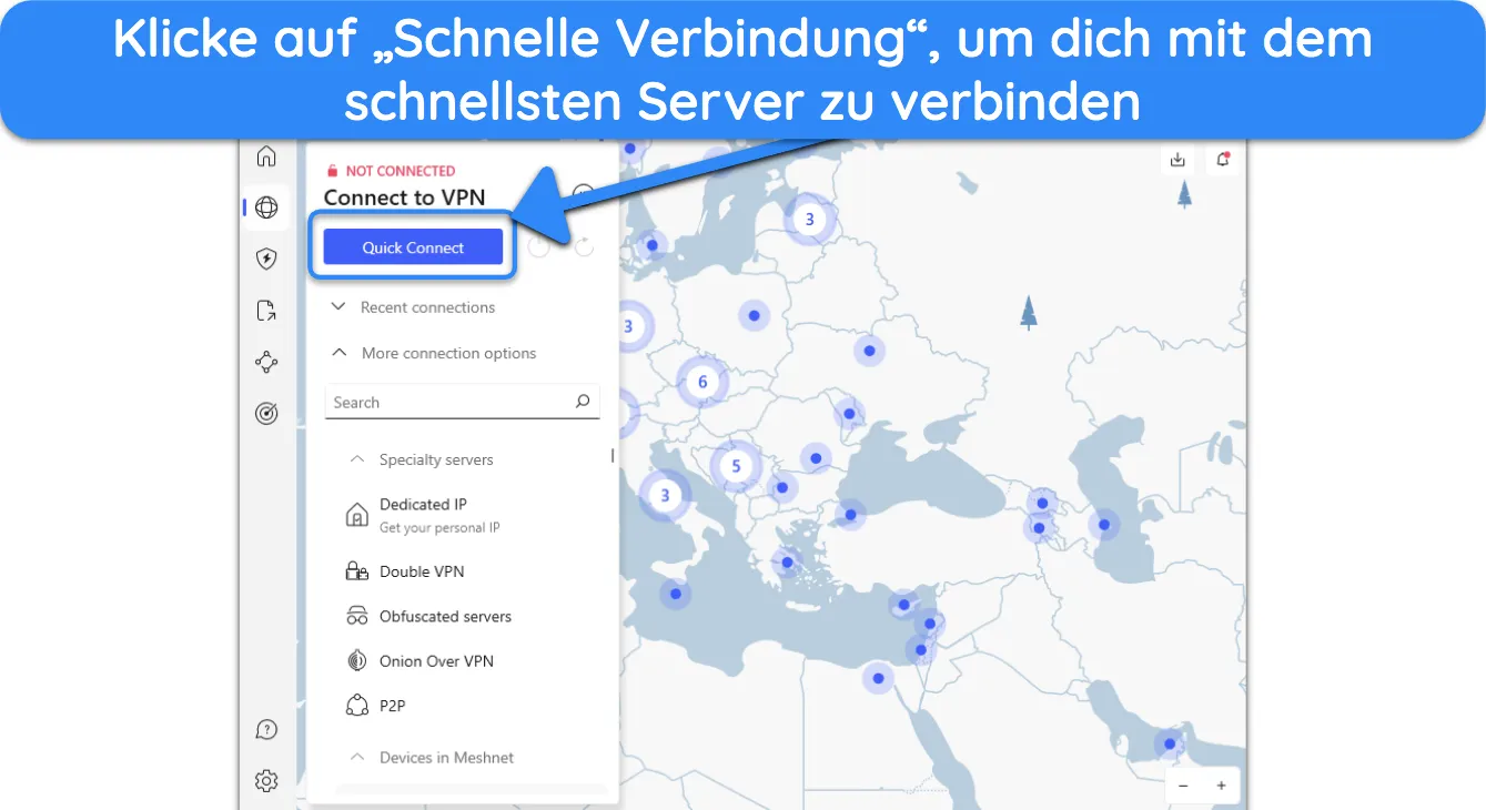 Screenshot, der zeigt, wie man nach der Installation von NordVPN automatisch mit dem schnellsten Server in der Nähe verbunden wird.