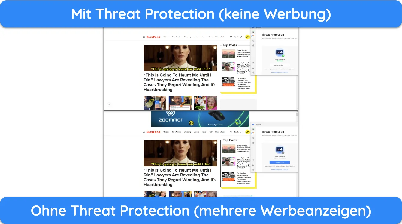 Screenshot, der eine Website zeigt, die mit und ohne Bedrohungsschutz von NordVPN geladen wurde.