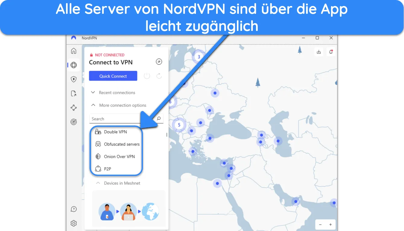 Screenshot, der zeigt, wie NordVPNs Spezialserver innerhalb der App leicht zugänglich sind.