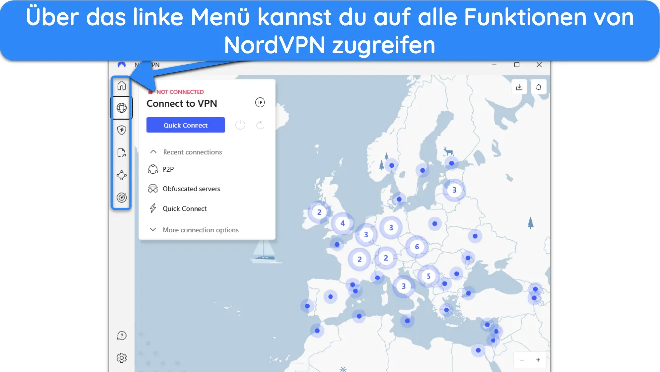 Screenshot der Navigationsleiste in den Desktop-Apps von NordVPN.