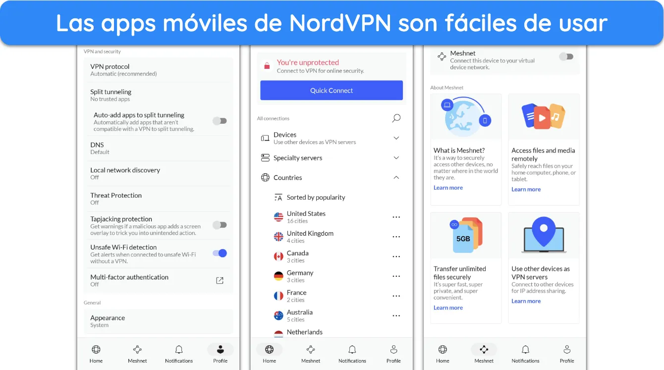 Captura de pantalla que muestra la interfaz de la aplicación móvil de NordVPN.