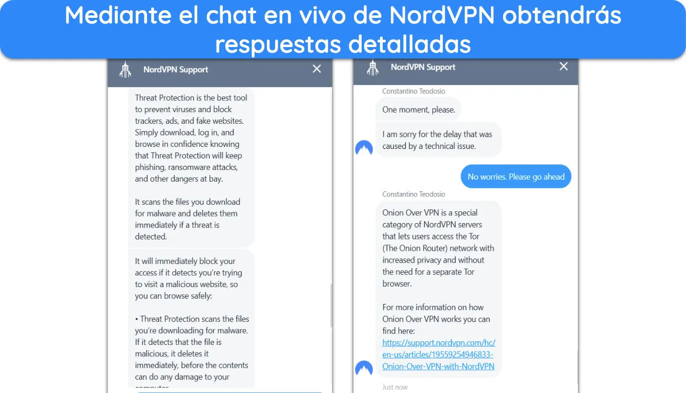 Captura de pantalla que muestra una conversación con el soporte de chat en vivo de NordVPN.