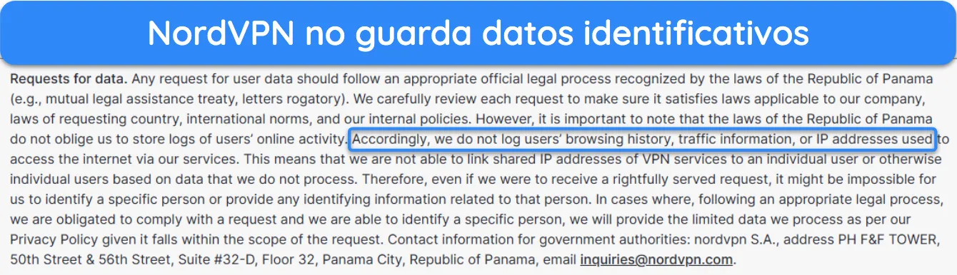 Captura de pantalla que muestra cómo NordVPN no registra ninguna información de identificación.