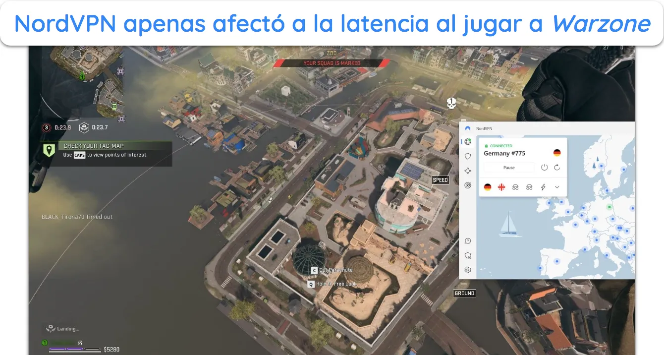 Captura de pantalla que muestra cómo Warzone se ejecuta sin problemas mientras está conectado a un servidor de NordVPN en Alemania.