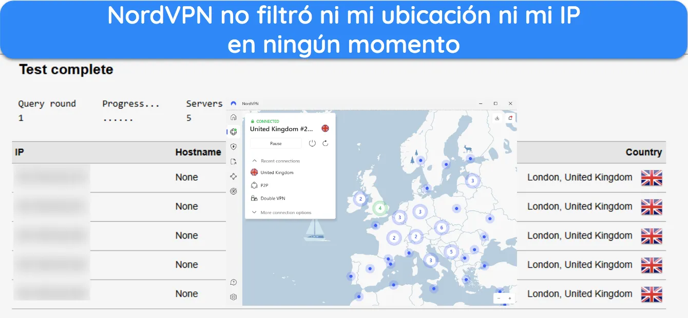 Captura de pantalla del resultado de una prueba de fugas mientras está conectado a NordVPN.