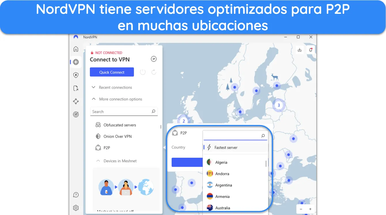 Captura de pantalla que muestra los países en los que NordVPN ofrece servidores optimizados para P2P.