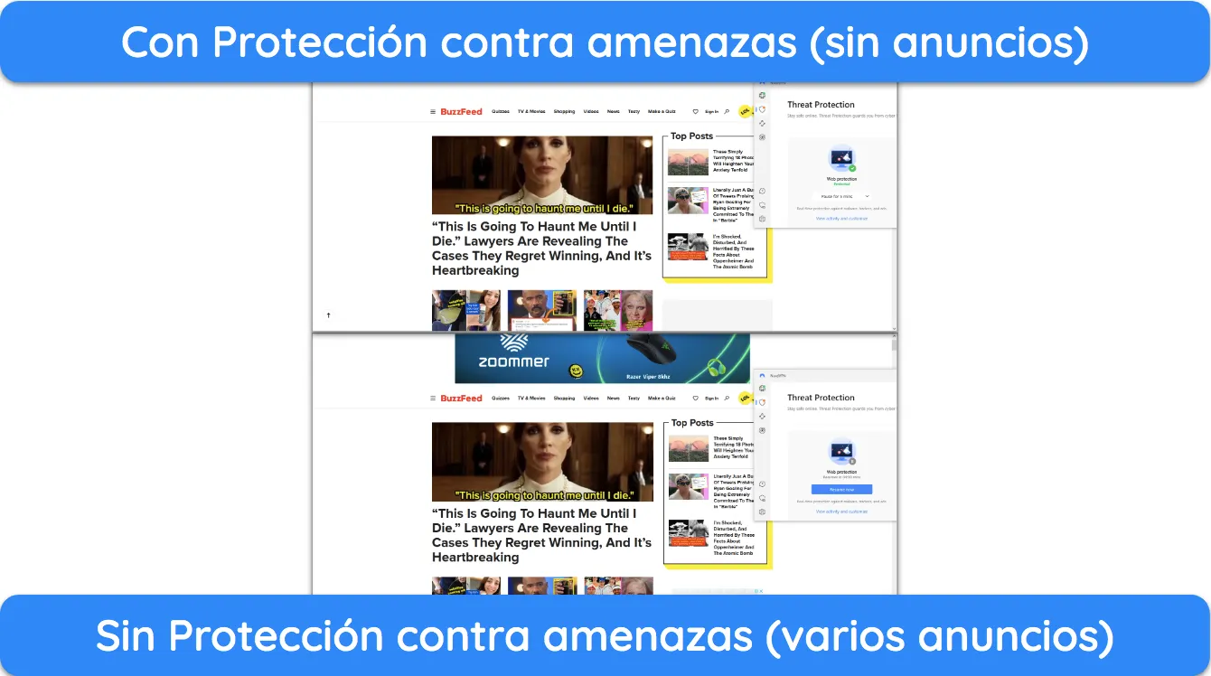 Captura de pantalla que muestra un sitio web cargado con y sin la protección contra amenazas de NordVPN.