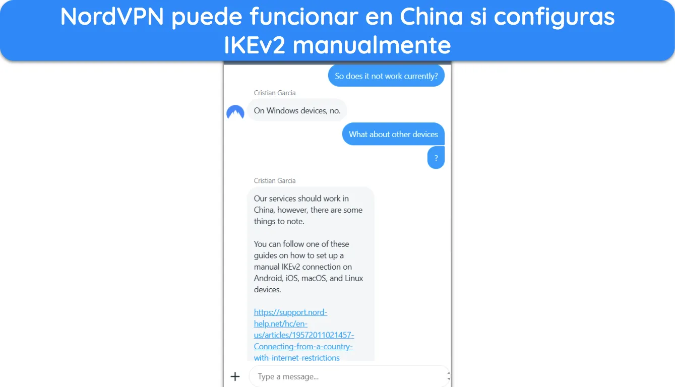 Captura de pantalla del soporte de NordVPN que explica cómo puede funcionar la VPN en China.