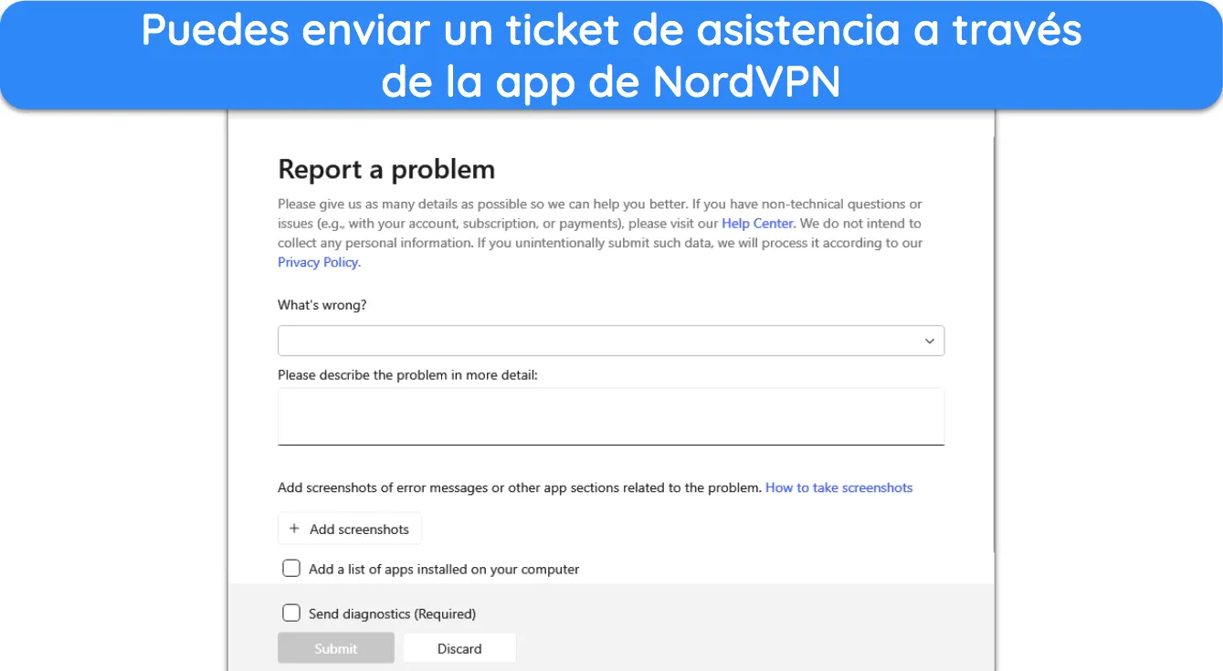 Captura de pantalla de la función de emisión de tickets disponible en las aplicaciones de NordVPN.