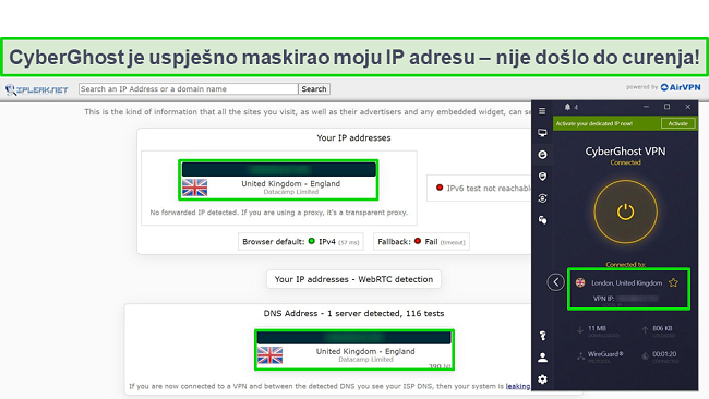 Snimak ekrana testa IP curenja koji pokazuje da nema curenja podataka sa CyberGhostom povezanim na optimizirani P2P server u UK.