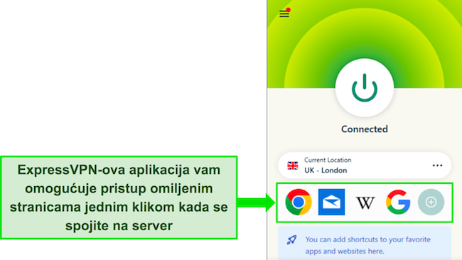 Snimka zaslona ExpressVPN-ove aplikacije povezane s poslužiteljem u Velikoj Britaniji, koja prikazuje opcije prečaca.