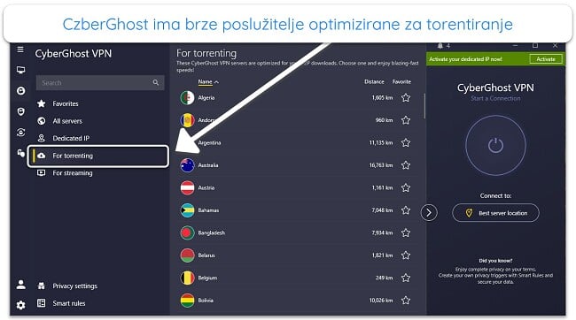 Snimka zaslona servera CyberGhosta optimiziranih za torrent