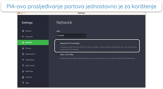 Snimka zaslona PIA-ine značajke prosljeđivanja priključka u njegovoj aplikaciji
