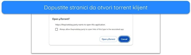 Snimka zaslona obavijesti za otvaranje uTorrent klijenta