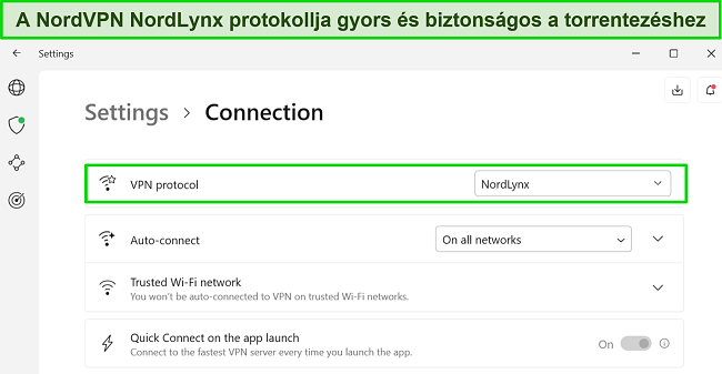 Képernyőkép a NordVPN Windows-alkalmazásáról, amelyen a kiválasztott NordLynx protokoll látható