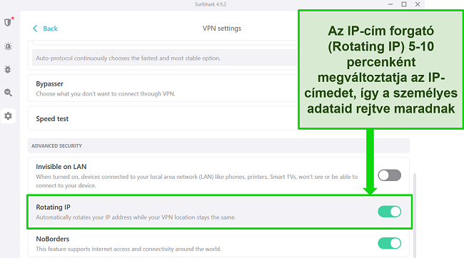 Képernyőkép a Surfshark Windows felületéről, amelyen az IP Rotation bekapcsolva látható