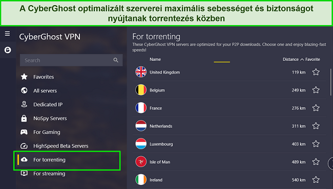 Képernyőkép a CyberGhost Windows alkalmazásáról, kiemelve a torrentező szerverek listáját.