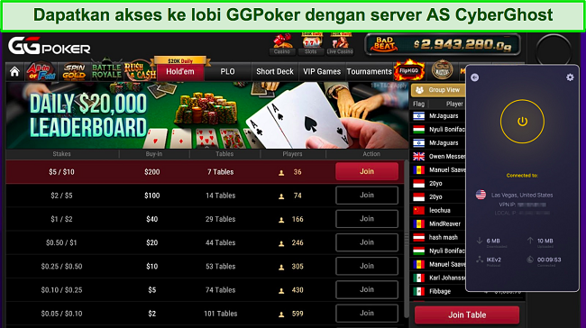Tangkapan layar lobi game GGPoker menggunakan server CyberGhost di Las Vegas, Nevada, AS