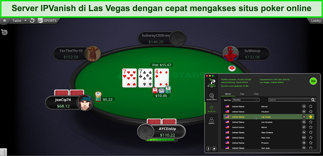 Tangkapan layar permainan poker aktif menggunakan server IPVanish di Las Vegas, Nevada, AS