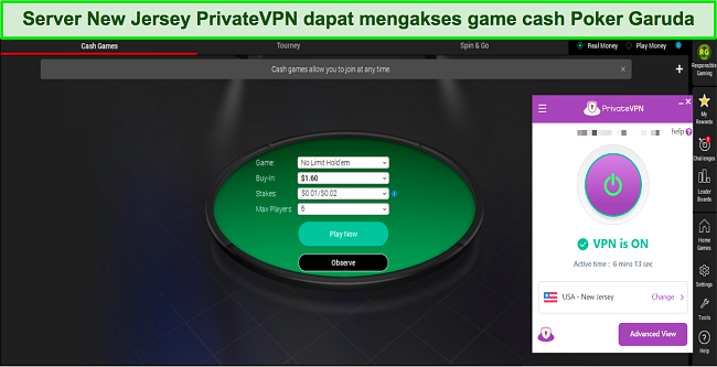 Cuplikan layar opsi kursi cepat PokerStars saat PrivateVPN terhubung ke server di New Jersey, AS