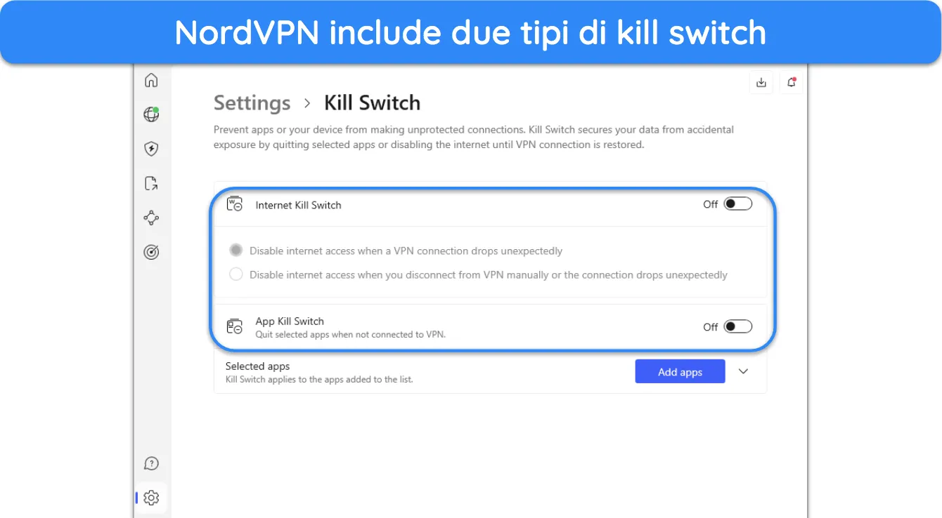 Screenshot delle opzioni kill switch nel menu delle impostazioni di NordVPN.