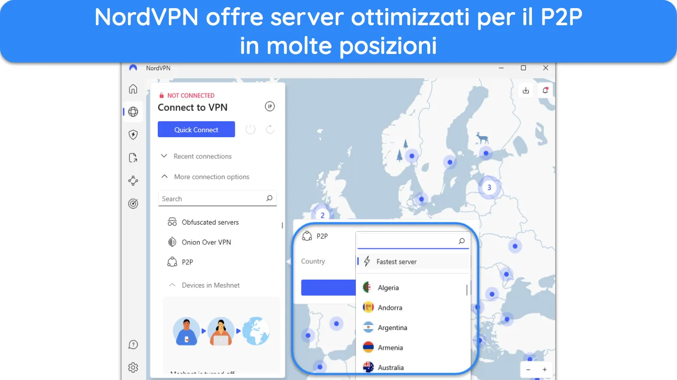 Screenshot che mostra i paesi in cui NordVPN offre server ottimizzati per P2P.