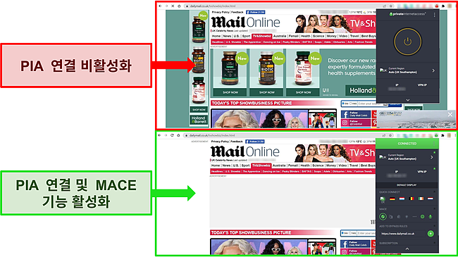 MACE 광고 차단 기능이 효과적으로 작동하는 것을 보여주기 위해 PIA가 연결 및 연결 해제된 Mail Online 웹사이트의 스크린샷.