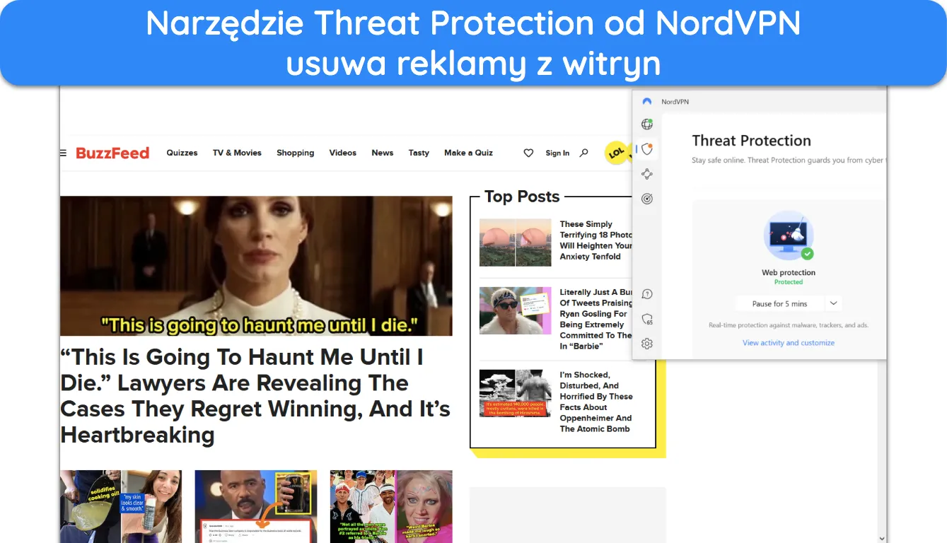 Zrzut ekranu ochrony przed zagrożeniami NordVPN blokującej reklamy w BuzzFeed.