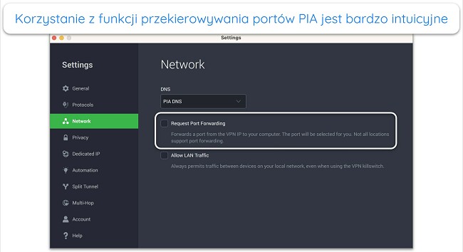 Zrzut ekranu przedstawiający funkcję przekierowania portów firmy PIA w aplikacji