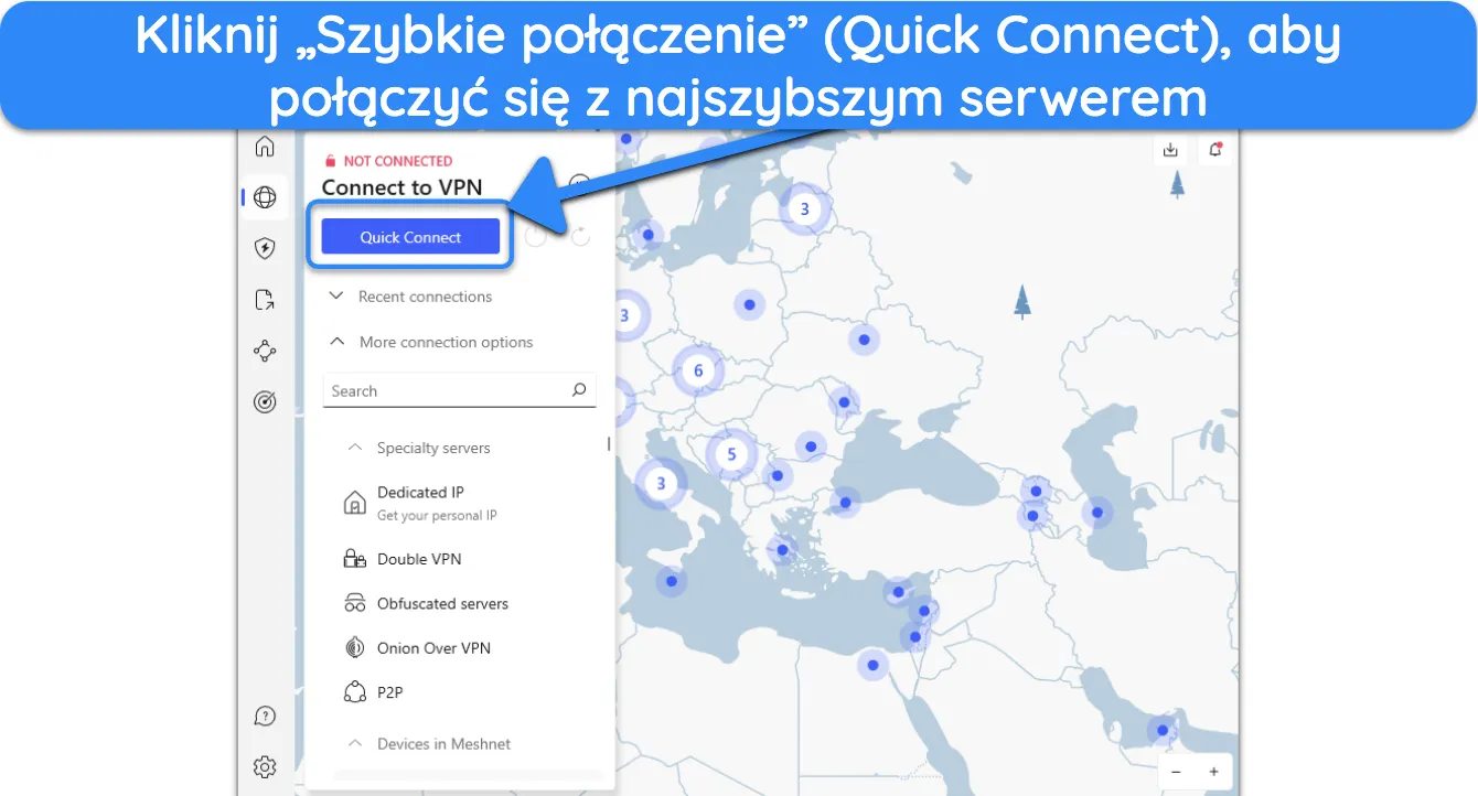 Zrzut ekranu pokazujący, jak automatycznie połączyć się z najszybszym pobliskim serwerem po zainstalowaniu NordVPN.