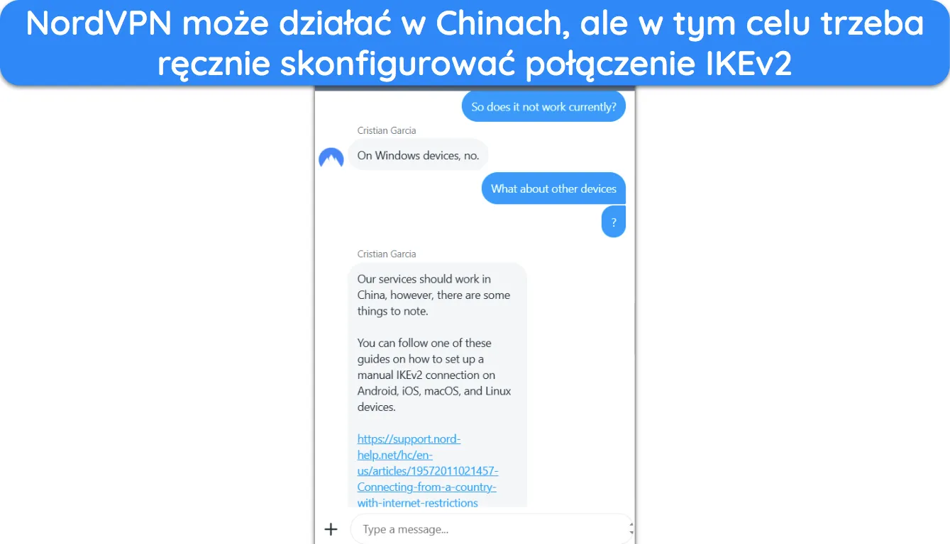 Zrzut ekranu pomocy technicznej NordVPN wyjaśniający, jak VPN może działać w Chinach.