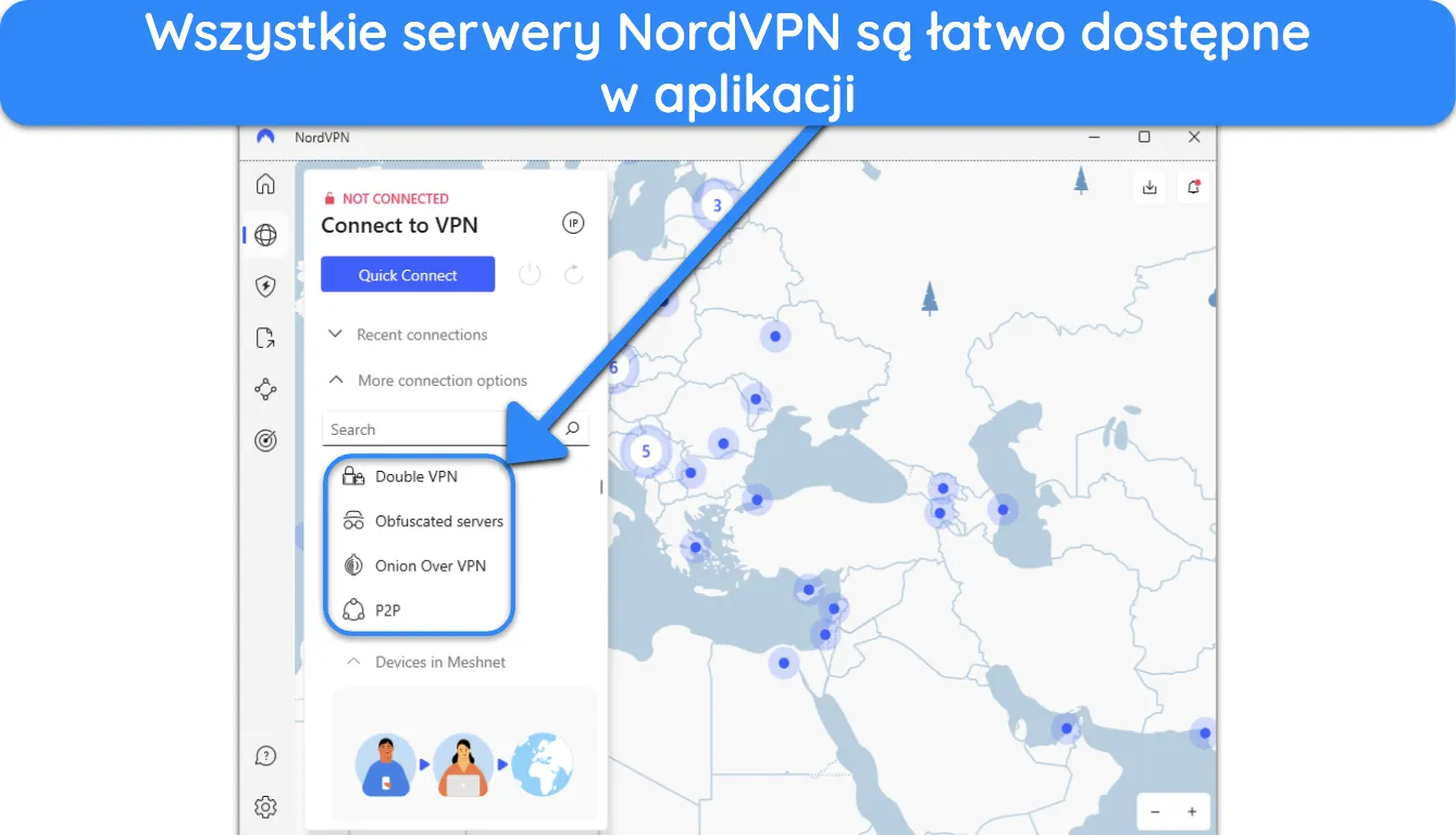 Zrzut ekranu pokazujący, jak serwery specjalistyczne NordVPN są łatwo dostępne w aplikacji.