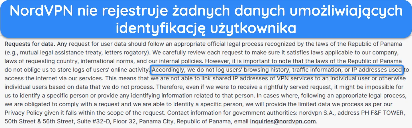 Zrzut ekranu pokazujący, jak NordVPN nie rejestruje żadnych informacji identyfikacyjnych.