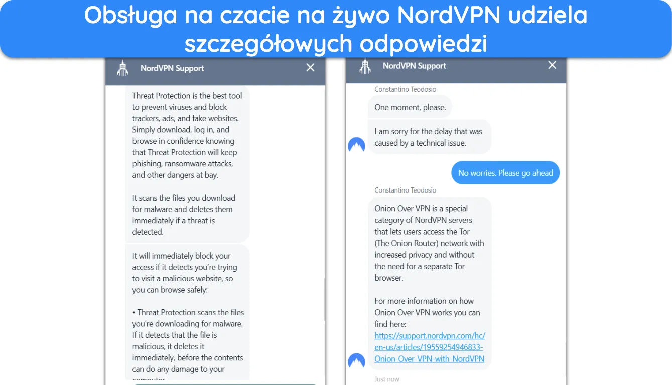 Zrzut ekranu pokazujący rozmowę z pomocą techniczną NordVPN na czacie na żywo.