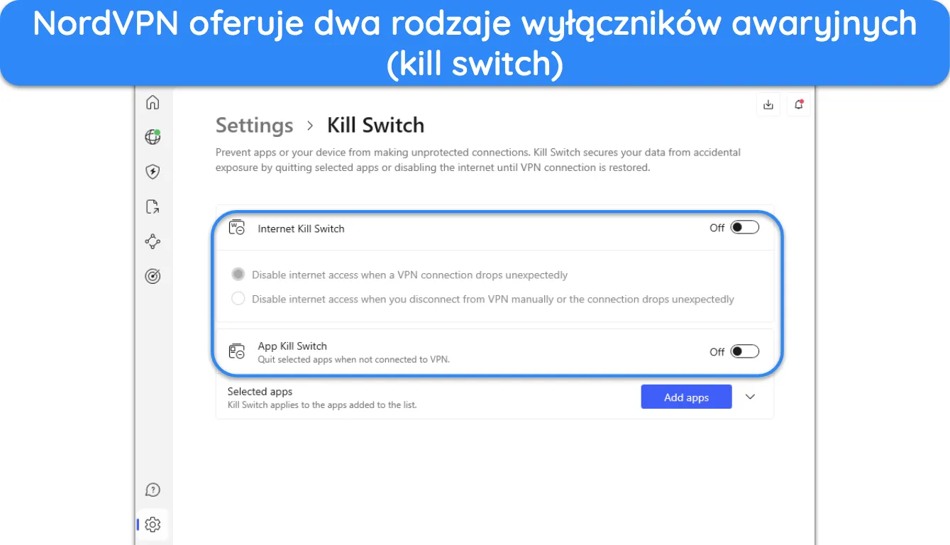 Zrzut ekranu opcji wyłącznika awaryjnego w menu ustawień NordVPN.