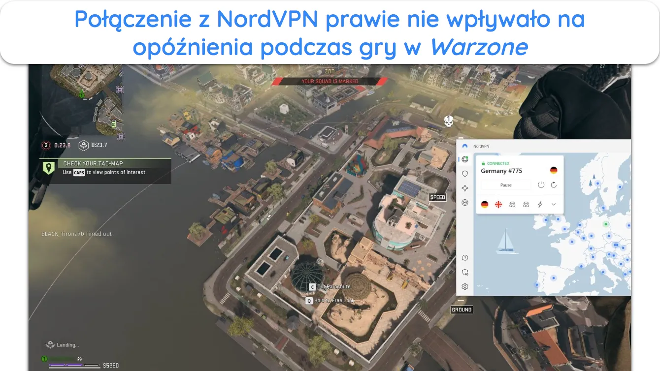 Zrzut ekranu pokazujący, jak Warzone działa płynnie po połączeniu z serwerem NordVPN w Niemczech.